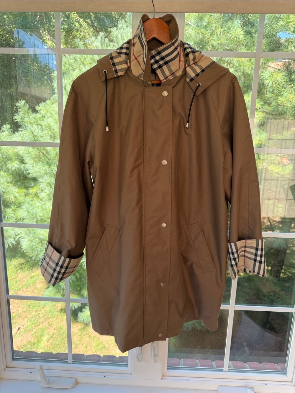 Burberry Brown Hooded Coat with Signature Check Trim